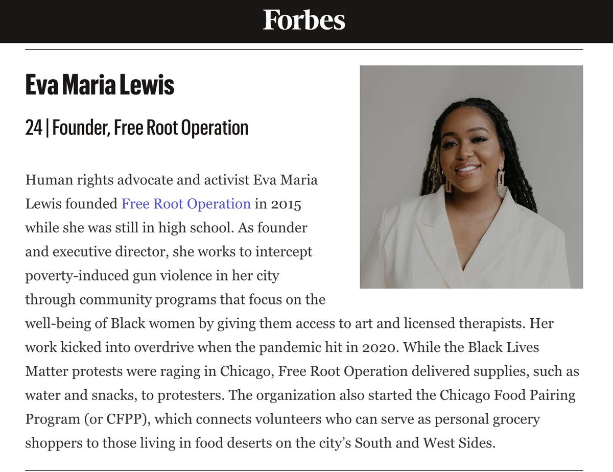 eva maria (@imyagirleva) on Twitter photo This Barbie is on Forbes 30 Under 30!
Feeling so so blessed to have woken up on the #ForbesUnder30Local list for my work championing Black single mothers and women in Chicago with <a href="/freerootop/">Free Root Operation</a>! We are going to change the city, and the world 🤍🥂 This Barbie is on Forbes 30 Under 30!
Feeling so so blessed to have woken up on the #ForbesUnder30Local list for my work championing Black single mothers and women in Chicago with <a href="/freerootop/">Free Root Operation</a>! We are going to change the city, and the world 🤍🥂