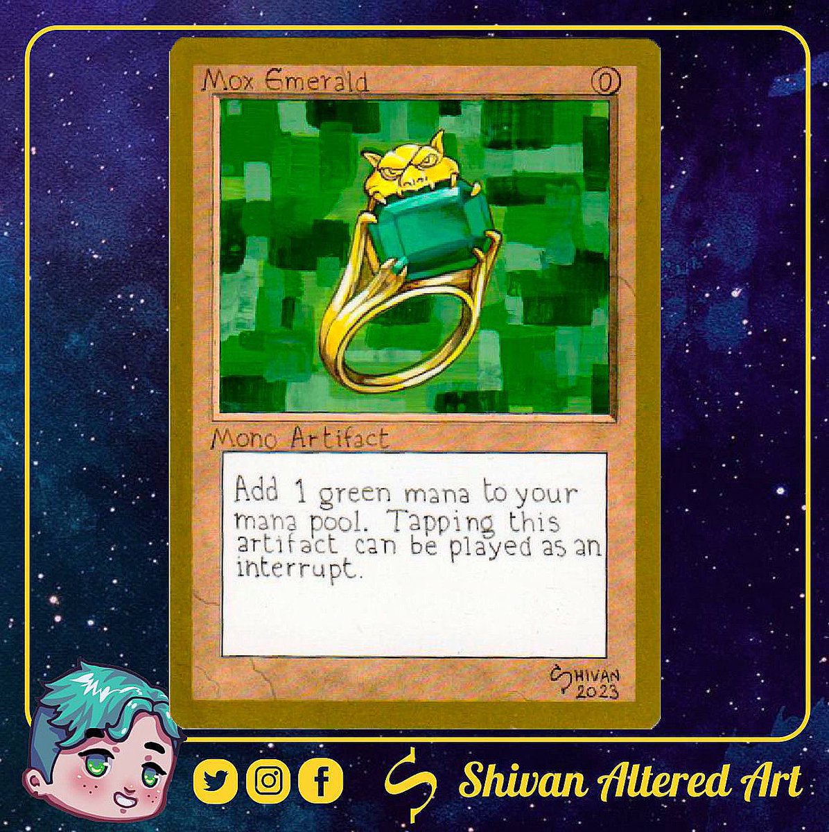ShivanArt's tweet photo. 🎨 Mox Emerald Original Art Alter on 1998 World Championship Blank Cards by Shivan 5/9
💎This is called P9 Championship Project. All the P9 Alters are Original Arts, the Moxes are represented as Rings instead of Necklaces.
#mtg #powernine #mtgart #mtgartist https://t.co/hbLAAJiKW1