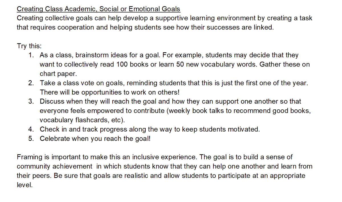 Think goal-setting is an individual exercise? Think again – this resource via <a href="/caselorg/">CASEL</a> shares tips on setting goals collectively in your class: schoolguide.casel.org/resource/share…