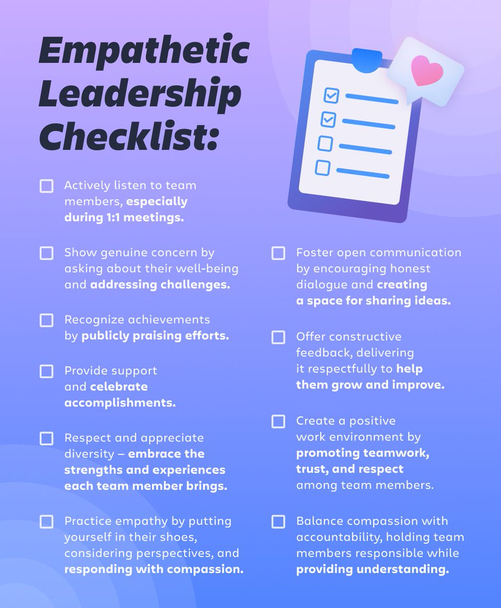 trello's tweet photo. Recent studies &amp; research show that almost 90% of employees believe empathetic leadership creates loyalty—revealing that empathy could be the secret sauce to retaining employees.

What would you add to this checklist? 💭 https://t.co/6KWLgxMJIj