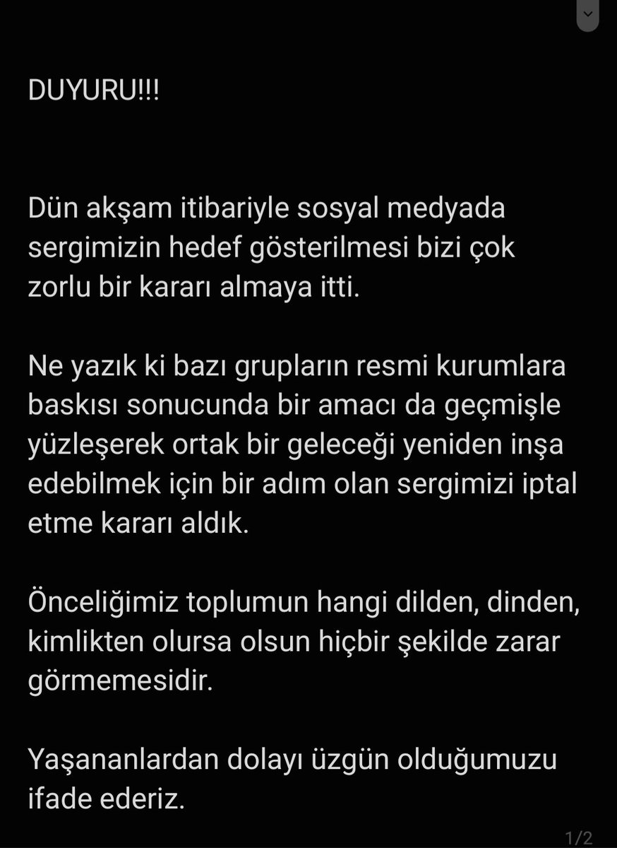 Bu duyuruyu yapmak benim için çok üzücü de olsa yapmak mecburiyetindeyim. Gökçeada'da yapmayı planladığımız Yeniden Buluşacağız: Imroz'un 1964 Belleği sergisini hedef gosterilme ve baskılar sonucunda iptal etmek zorunda kaldık. Sergiyi bekleyenlerden şahsen özür dilerim.