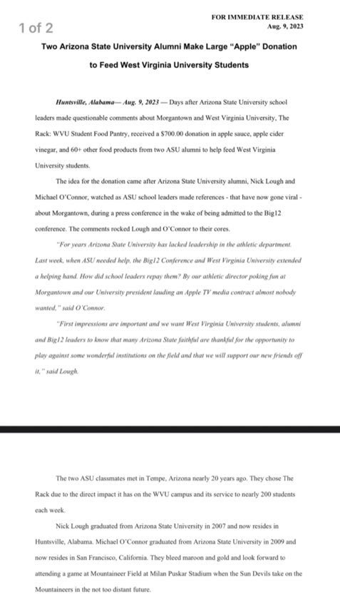 NickLough's tweet photo. Dear @gordongee, @WVUAlumniAssoc &amp; @WestVirginiaU students…

Both @Mike__OC and I would like to apologize for comments ASU leaders made about your school a few days ago. Please accept this donation to your campus food bank. We are grateful you supported our Big12 move. #GoDevils https://t.co/I2W1FnK3jm