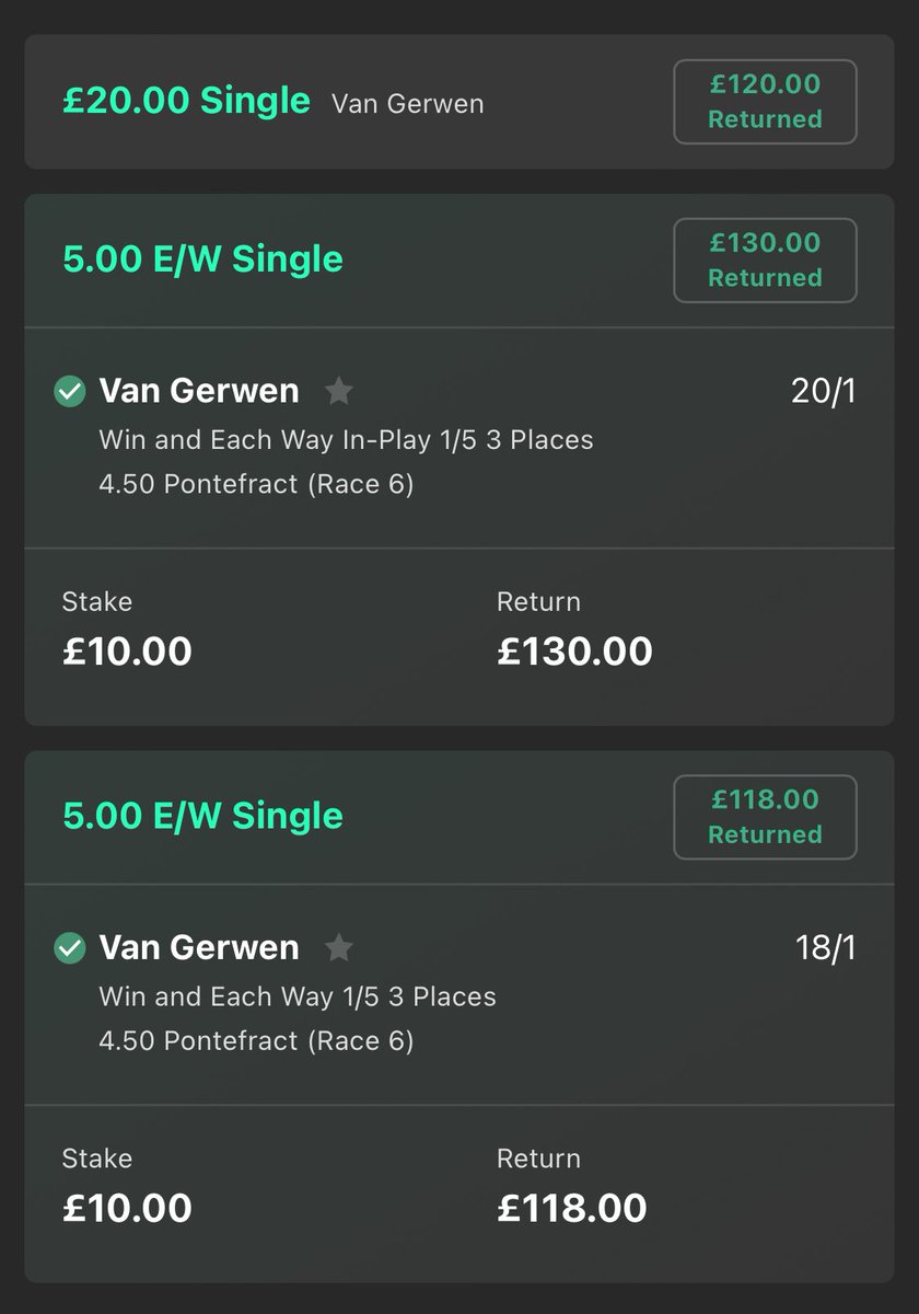 RacingGav's tweet image. VAN GERWEN drifts out to 20/1 but breaks well and makes all, as expected! 🥇🏆

Our 0.5pt Each Way at 20/1 SP returns 13pts! 💰

I went in at 18’s (no BOG for me), doubled up at 20’s and even had 2pt win at 5’s in-play, that’ll do! 😮‍💨🤩

#HorseRacingTips #BookieBashing