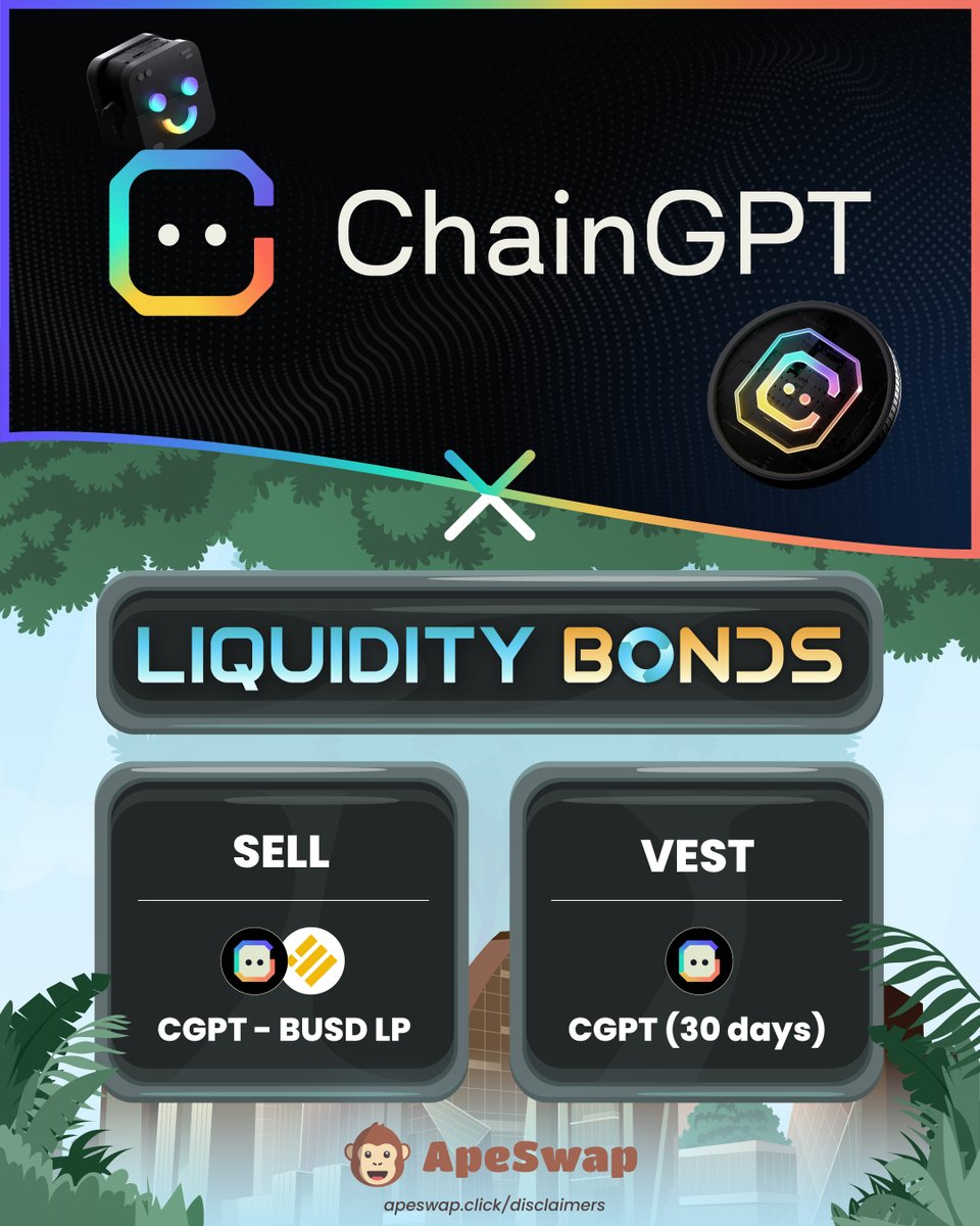 ApeBond's tweet photo. 🆕 Round of Liquidity Bonds with @Chain_GPT!

We are thrilled to stand by ChainGPT as we introduce a game-changing feature: Raising Sustainable Liquidity directly in PCS LPs! Snag your bag of discounted $CGPT tokens while fueling their liquidity up on PCS!

🤖 AI Infrastructure provider ChainGPT revolutionizes how we interact on-chain. Generate smart contracts, NFTs, conduct audits, & automate communities.

🥞 Purchase LPs via PCS
⏲️ Vesting term: 30 days
➡️ https://t.co/Us1z0GwVE8