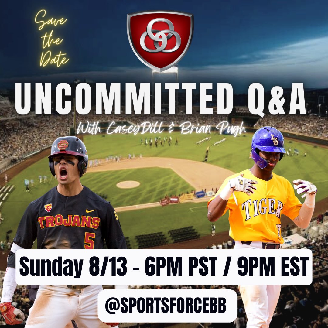 UNCOMMITTED Q&A🎓⚾️📚 Sunday, 8/13 6PM pst / 9PM est JOIN US with ALL your college recruiting questions!💯 Hosted by🎙️@CaseyDill22 @CoachPugh17 #SpacesHost   Click here to set reminder!⬇️ twitter.com/i/spaces/1lDxL…