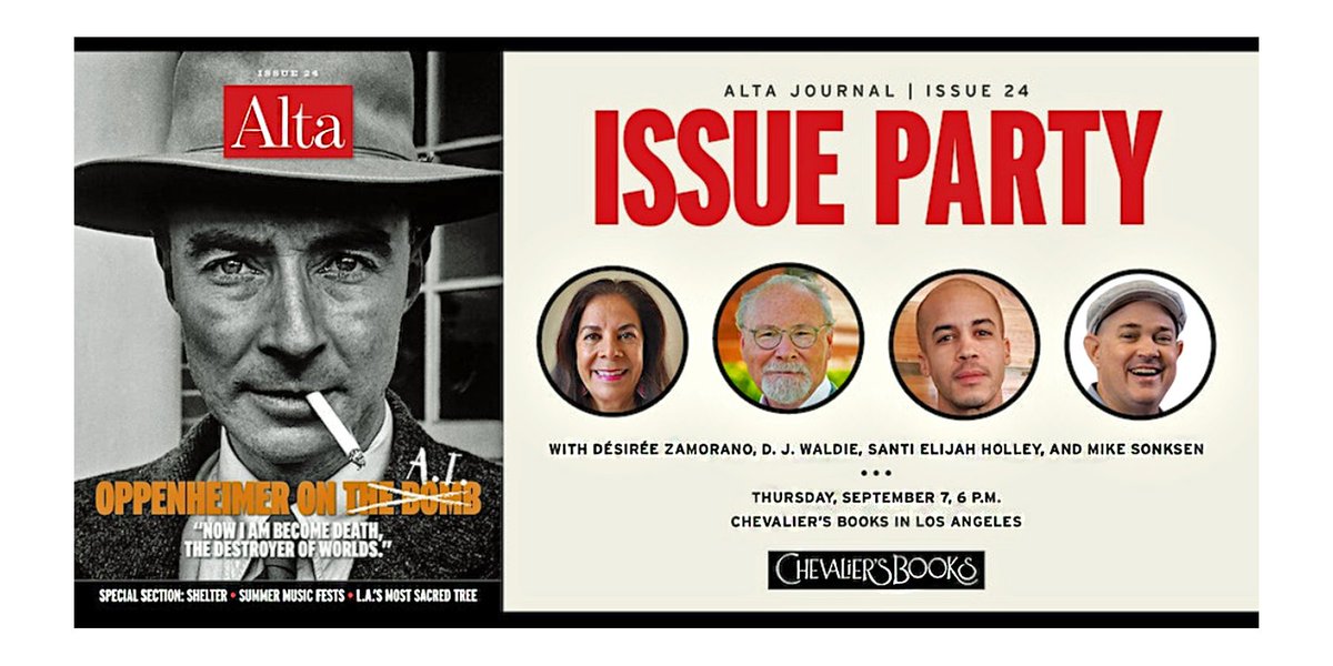 Join me and other @AltaJournal authors at Chevalier’s Books to launch Alta’s issue 24. Thursday, Sept. 7 at 6 p.m. Free. Register at tinyurl.com/mz6rbhxe  #la #lalife #labooks #senseofplace #socal #lahistory