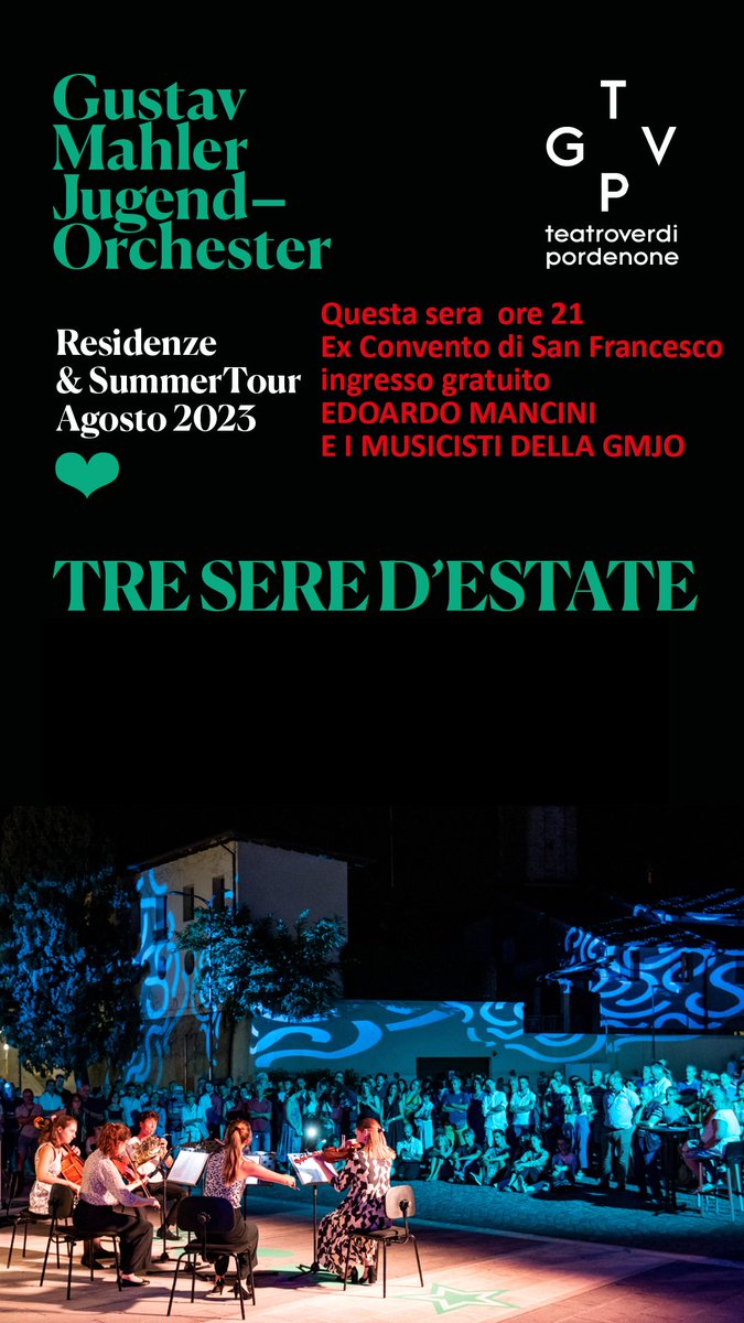 💚Questa sera appuntamento con la musica libera del #pianoforte di Edoardo Mancini e dei musicisti della GMJO all'Ex Convento di San Francesco!

#Debussy #Stravnsky #Mahler #Ibert #Poulenc

📍Ex Convento di San Francesco
ore 21 ingresso libero
fino a disponibilità di posti