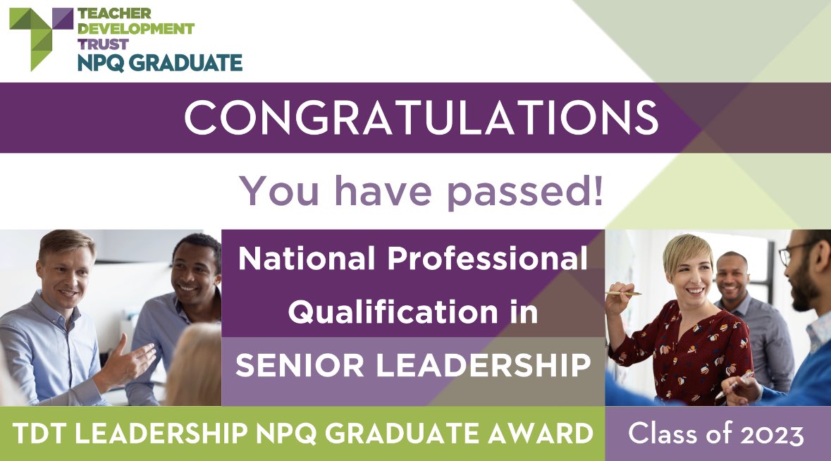 Miss Dodgson SMCA (@dodgson_smca) on Twitter photo What a wonderful way to round off the academic year!
After a year and a half of hard work and a final assessment, I passed my NPQ in Senior Leadership.
Thanks to <a href="/TeacherDevTrust/">Teacher Development Trust</a> and our fantastic facilitators Andrea Bean and John Collier for all of the support along the way. What a wonderful way to round off the academic year!
After a year and a half of hard work and a final assessment, I passed my NPQ in Senior Leadership.
Thanks to <a href="/TeacherDevTrust/">Teacher Development Trust</a> and our fantastic facilitators Andrea Bean and John Collier for all of the support along the way.