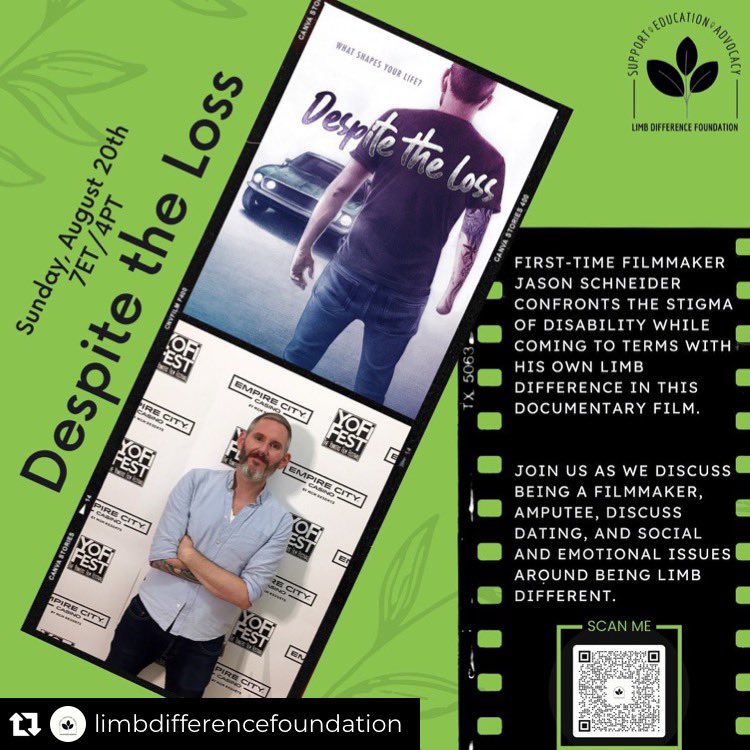 Join me August 20th for an in-depth discussion on all things #DespiteTheLoss &amp; #LimbDifference. Use the QR code below and register for the event to receive a free code to stream the film on Vimeo On Demand. Hope to see you there!

#limbdifferenceawareness #DisabilityInclusion