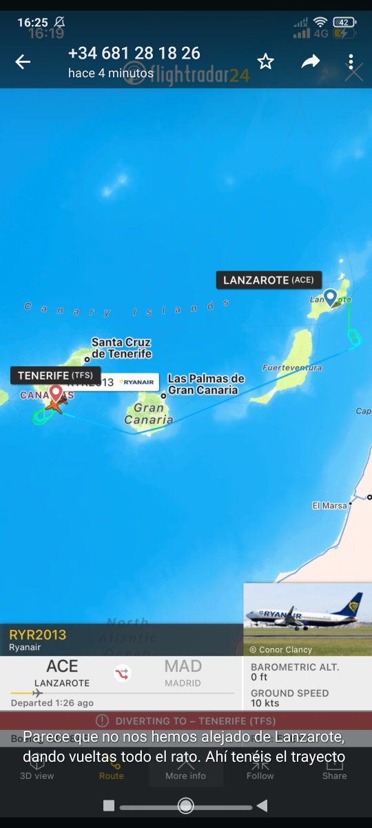 mazanotta's tweet photo. .@Ryanair_ES Vuelo Lanzarote-Madrid cancelado ayer. Reubicado hoy a las 14.30h. Desviado en el aire a Tenerife. Llevamos 40 minutos en el avión sin poder salir y sin saber cuándo volaremos a Madrid. + Vueltas en círculos + no comida ni bebida.  @consumidores @aena @canarias https://t.co/z0BMa8Sxg1