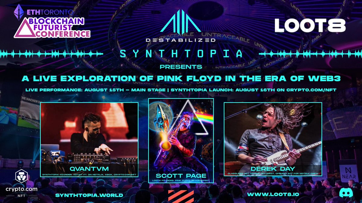 Proud to present "A Live Exploration of #PinkFloyd in the Era of Web3" featuring the legendary artist and technologist <a href="/iamscottpage/">Scott Page</a> (Synthtopia partner, Loot8 founder, and Pink Floyd saxophonist) at <a href="/ETH_Toronto/">ETHToronto</a> 2023. The event is set for next week, August 15th, just one day