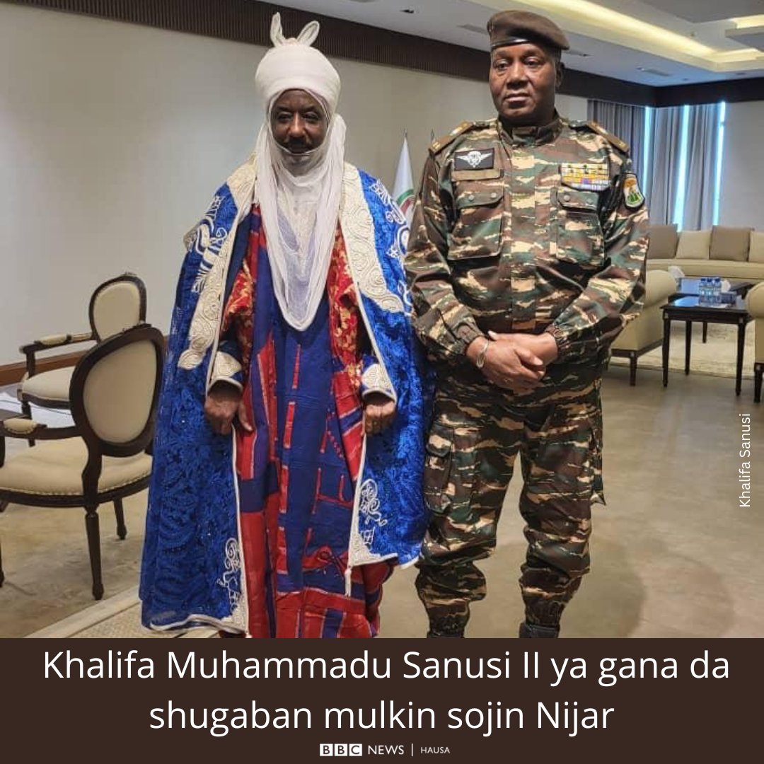 bbchausa's tweet photo. Khalifan Tijjaniyya Muhammadu Sanusi II ya gana da Shugaban mulkin sojin Nijar, Janar Abdourahmane Tchiani a birnin Niamey a ƙoƙarin shiga tsakani kan juyin mulkin da aka yi. https://t.co/eZoy6i0Lmo