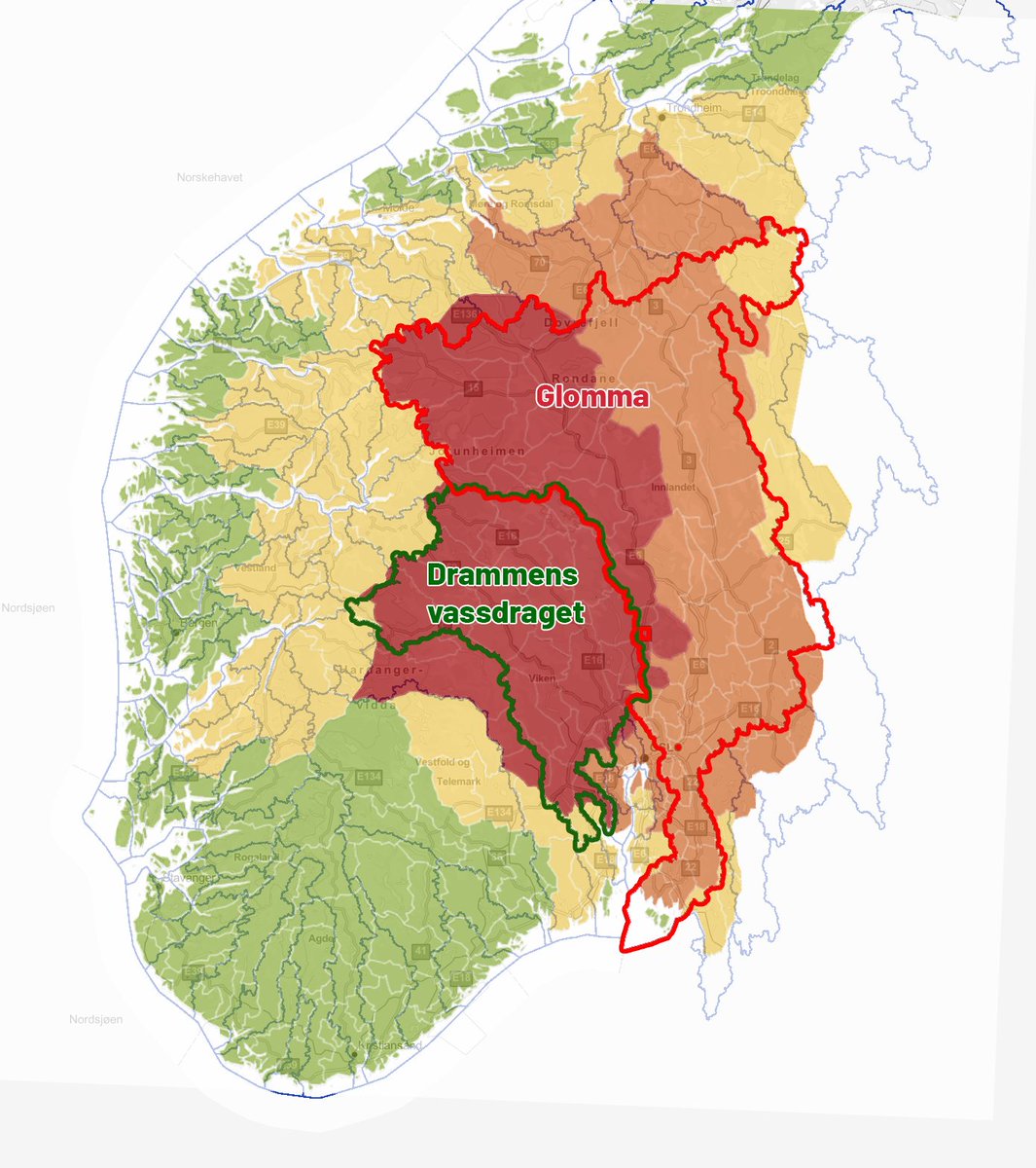 Ved å legge kartet over ekstremvær ovenpå områdene som renner ut i Glomma eller Drammensvassdraget, er det lett å se hvor farlig dette er, særlig for de nedre områdene.