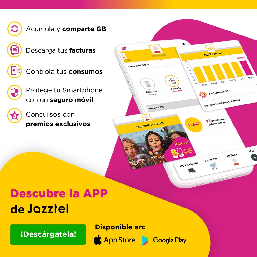 jazztel_es's tweet photo. En tu #AppJazztel lo tienes todo:
1. Acumula y comparte GB
2. Descargas todas tus facturas.
3. Controla tus consumos
4. Protege tu Smartphone con un seguro móvil
5. Concursos con premios exclusivos
Descárgala ya 📲 -> https://t.co/NvGEB03Eka https://t.co/rmNxRiWiiX