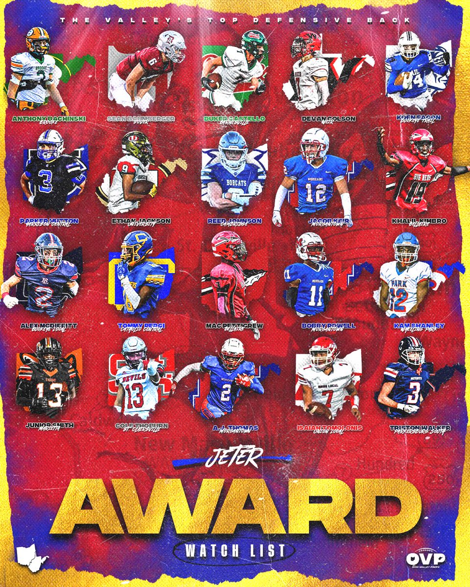 Ohio Valley Preps (@ohiovalleypreps) on Twitter photo 𝓙𝓮𝓽𝓮𝓻 𝓐𝔀𝓪𝓻𝓭 𝓦𝓪𝓽𝓬𝓱 𝓛𝓲𝓼𝓽
The award signifies the Valley’s top DB.
<a href="/AnthonyBachinsk/">Anthony Bachinski</a> <a href="/SeanBaumberger6/">Sean Baumberger</a> <a href="/JasonCastello4/">Jason Castello</a> <a href="/DevanColson/">Devan Colson</a> <a href="/Koen73939803/">Koen Eagon</a> <a href="/PHutton03/">Parker</a> <a href="/EthanJackson_24/">Ethan Jackson</a> <a href="/ReedJ21_/">Reed Johnson</a> <a href="/Jacobkeir1/">Jacob keir</a> <a href="/KhalilKimbro19/">Khalil Kimbro #19</a> <a href="/PettigrewMcray/">Mac Pettigrew🙌🏾</a> <a href="/alldayajt9/">Aaron Thomas</a> <a href="/itomolonis_/">Isaiah Tomolonis</a> 𝓙𝓮𝓽𝓮𝓻 𝓐𝔀𝓪𝓻𝓭 𝓦𝓪𝓽𝓬𝓱 𝓛𝓲𝓼𝓽
The award signifies the Valley’s top DB.
<a href="/AnthonyBachinsk/">Anthony Bachinski</a> <a href="/SeanBaumberger6/">Sean Baumberger</a> <a href="/JasonCastello4/">Jason Castello</a> <a href="/DevanColson/">Devan Colson</a> <a href="/Koen73939803/">Koen Eagon</a> <a href="/PHutton03/">Parker</a> <a href="/EthanJackson_24/">Ethan Jackson</a> <a href="/ReedJ21_/">Reed Johnson</a> <a href="/Jacobkeir1/">Jacob keir</a> <a href="/KhalilKimbro19/">Khalil Kimbro #19</a> <a href="/PettigrewMcray/">Mac Pettigrew🙌🏾</a> <a href="/alldayajt9/">Aaron Thomas</a> <a href="/itomolonis_/">Isaiah Tomolonis</a>