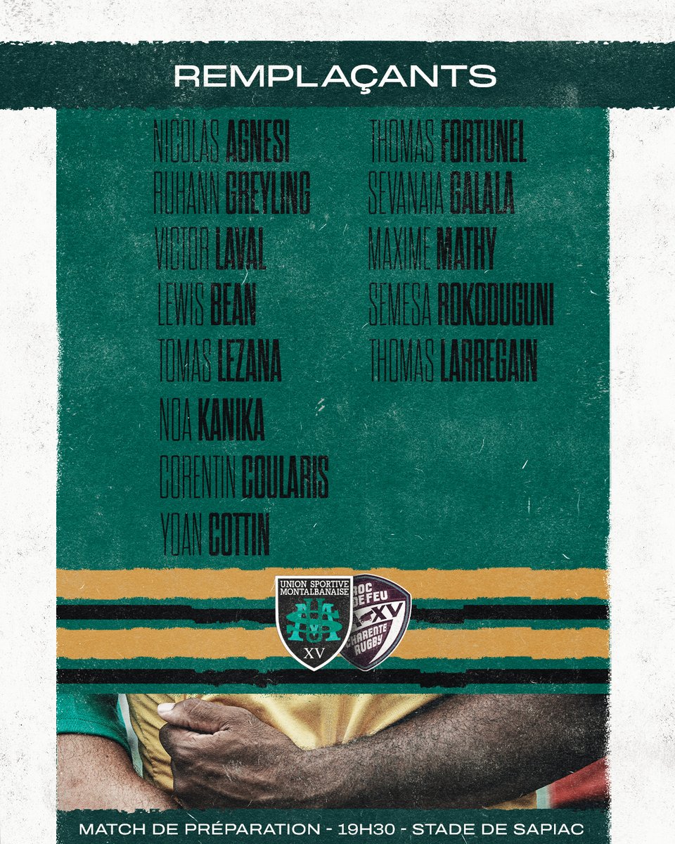 UsmSapiacRugby's tweet photo. 𝗟𝗮 𝗖𝗼𝗺𝗽𝗼 ♟  

Découvrez les 28 joueurs qui reçevront demain le SAXV Charente Rugby Pro pour le dernier match de préparation au Stade de Sapiac !🏟   

📅 10/08 
⌚️19H30 
🏟 Stade de Sapiac
🆚  SAXV Charente Rugby Pro

#AllezSapiac #USMSAXV #LaCompo https://t.co/np38y0f70d