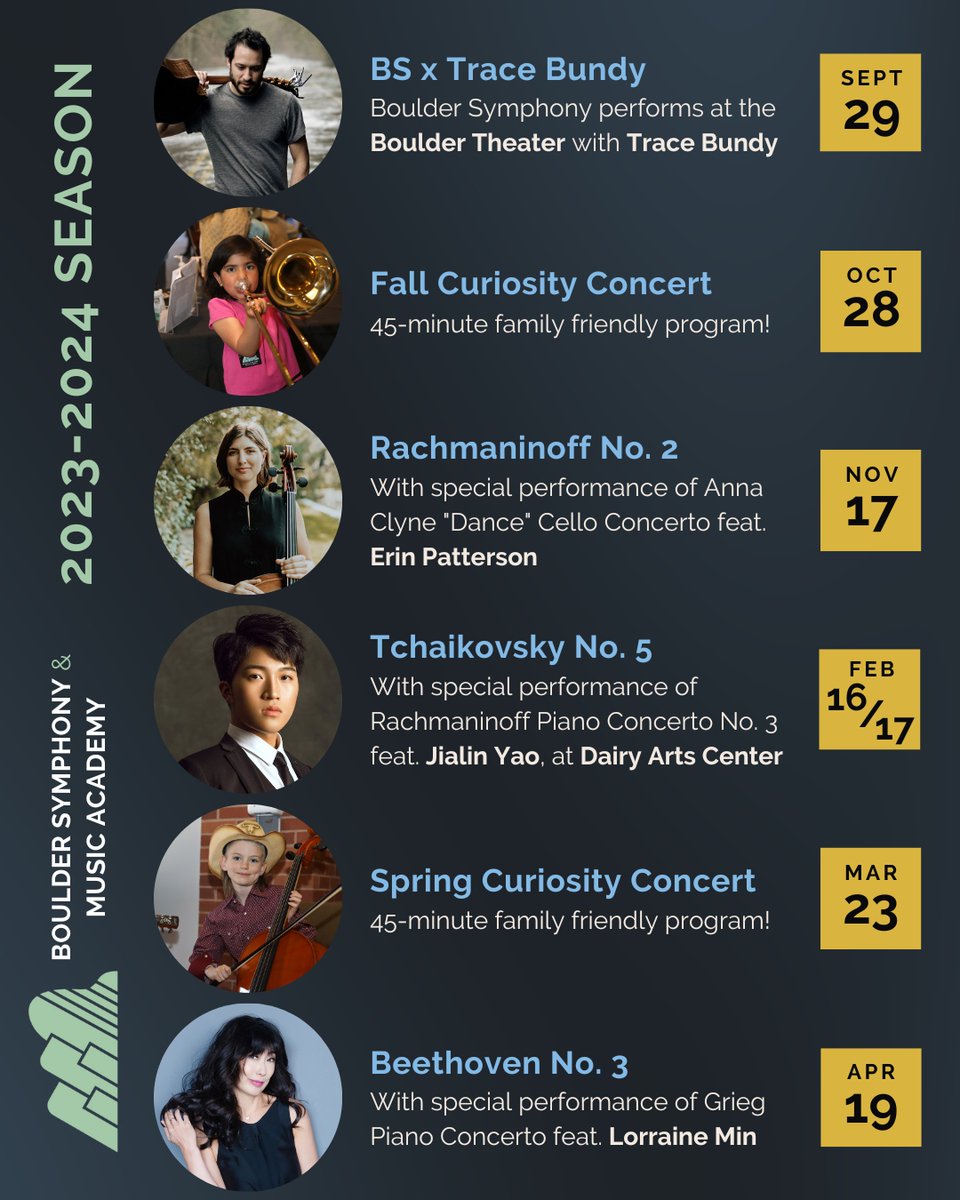 BoulderSymphony's tweet photo. Introducing our 23-24 season! Lots of incredible talent and great music coming your way! All tickets are NOW LIVE! https://t.co/Ib69xRrU5D
@TraceBundy
@BoulderTheater
@AnnaClyne
@DairyArts
#BoulderMusic #MusicEducation #Boulder #Colorado #Music #Symphony #Orchestra #LiveMusic https://t.co/NDddWLzCXX