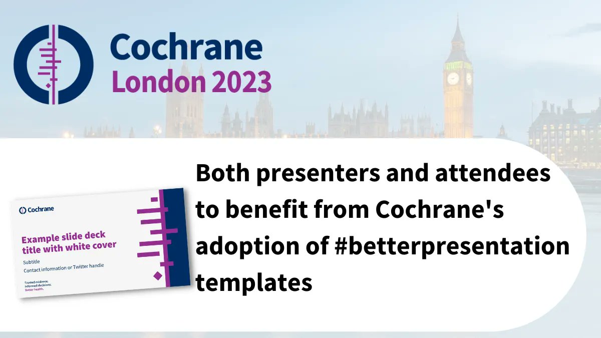 cochranecollab's tweet photo. 💁‍♀️ Presenting at #CochraneLondon in September?
Try our free, research-backed PowerPoint templates! 
Learn more from the research team and make sure yours is a #BetterPresentation
https://t.co/ePM6NOu8i1 https://t.co/H4Mc2pvseY