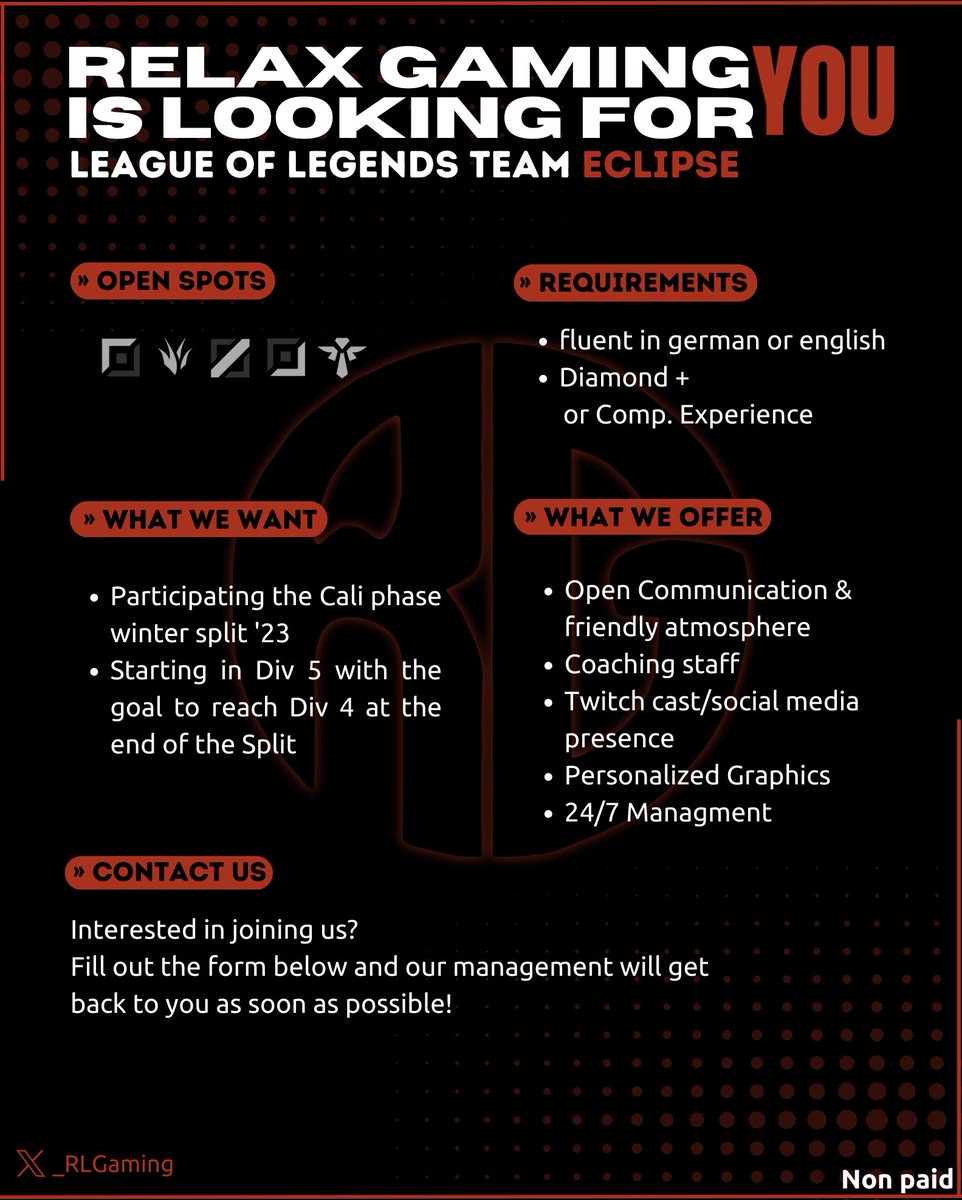 Relax Gaming is looking for 🫵!

We are finally revealing our Academy Team and are now looking for talents for RLG Eclipse!

If you are interested, feel free to apply using the form below and get to know us.

Apply here: forms.gle/gahyyYT3qC4JJD…

🩷 &amp; 🔁are very much appreciated!
