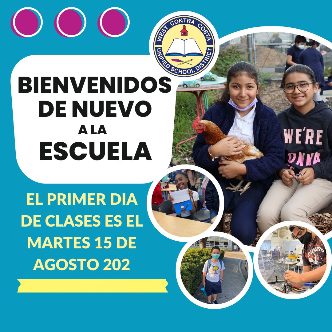 ¡Buenos días familias! Esperamos que haya tenido unas excelentes vacaciones de verano. Estamos a menos de una semana del primer día de clases en WCCUSD. Esperamos dar la bienvenida a nuestros estudiantes y personal el martes 15 de agosto.