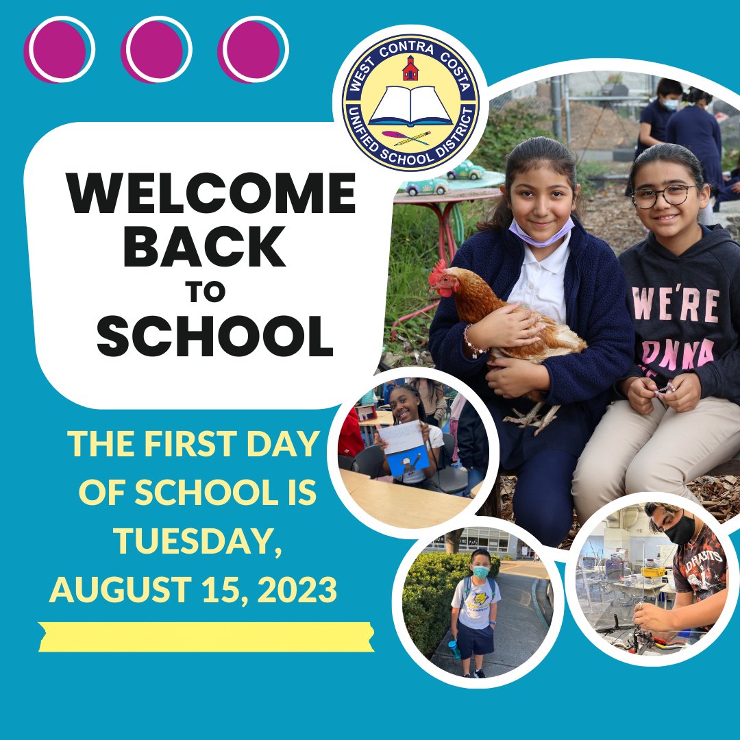 Good morning families! We hope you had a great summer vacation. We are less than a week away from the first day of school at WCCUSD. We look forward to welcoming our students and staff on Tuesday, August 15.