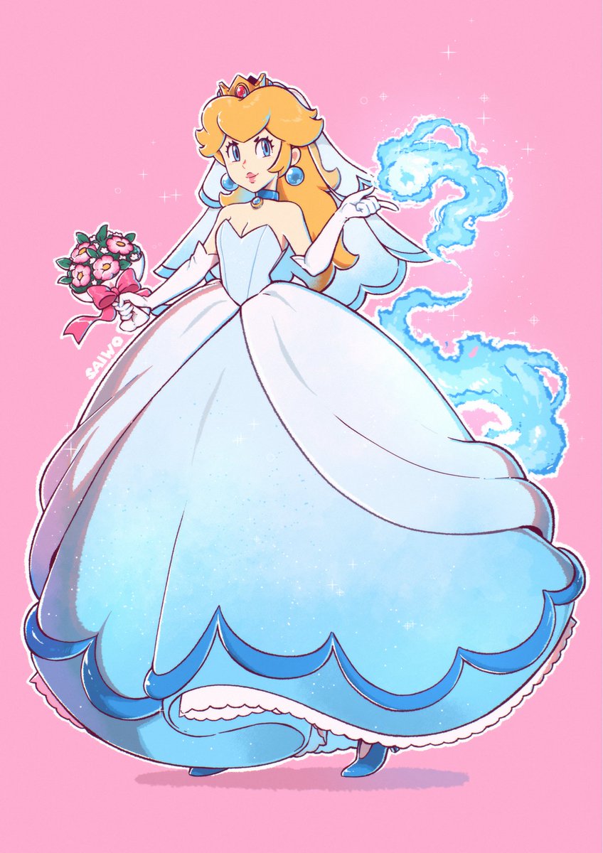 princess peach 1girl dress gloves blonde hair solo blue eyes wedding dress  illustration images