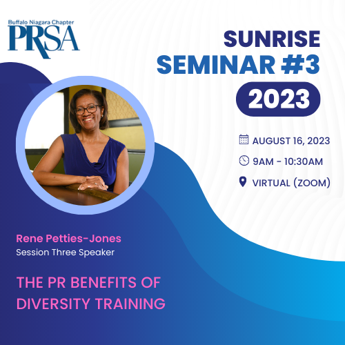 Join us for our final Sunrise Seminar, the PR Benefits of Diversity Training, featuring PRSA Northeast District Diversity Director <a href="/RenePettiesJ/">Rene Petties-Jones</a> of the <a href="/NFJCWNY/">NFJC of WNY, Inc.</a>. Registration required: prsabuffaloniagara.org/meetinginfo.ph…