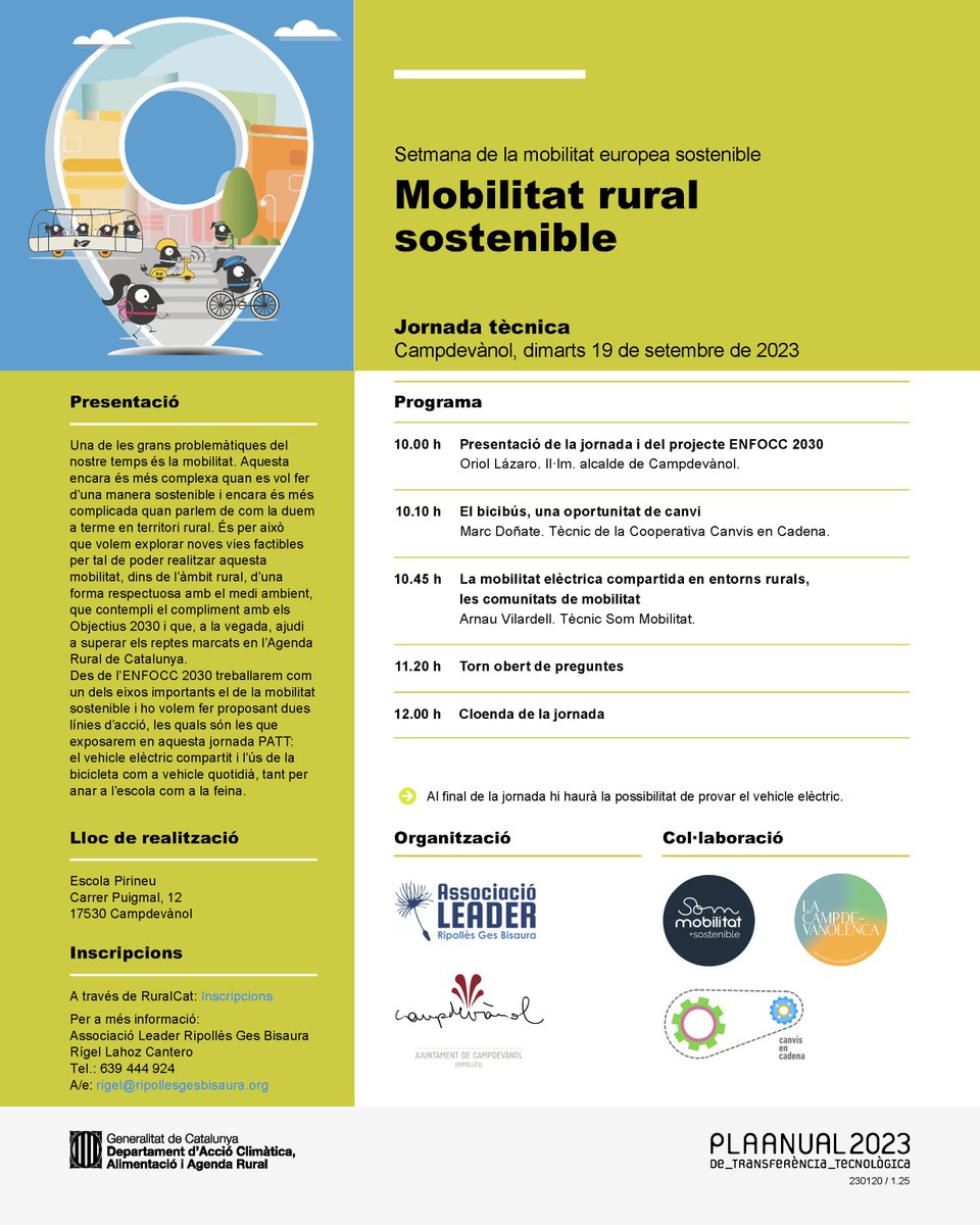 ♻️ Jornada #PATT de #mobilitatsostenible al terrItori #rural.
🚙 Coneixerem les experiències del vehicle elèctric compartit <a href="/sommobilitat/">Som Mobilitat</a> i del 🚲 #bicibus <a href="/canvisencadena/">canvis_en_cadena</a>
📍 Campdevànol. Escola Pirineu
🗓️ 19/9. 10:00
🖇️ Inscriu-te: tuit.cat/a0Ke6
#Mobilitat2023 #ENFOCC