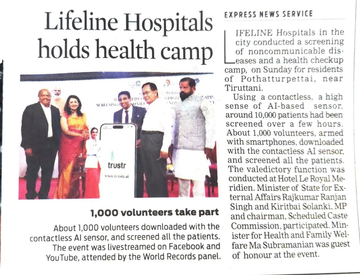 drjsrajkumar_'s tweet photo. #LifelineHospitals holds #HealthCamp 
#TrustrApp #launch #generativeAI #contactless #sensorapp
App was used to conduct a #MegaHealthCheckupProgramme
For over #10000residents  
At #Podutturpettai #Thiruttani
On #Aug6 
#WorldBookofRecordsLondon 
#Newsarticle in #TheNewIndianExpress https://t.co/KtyUIV1Zjl