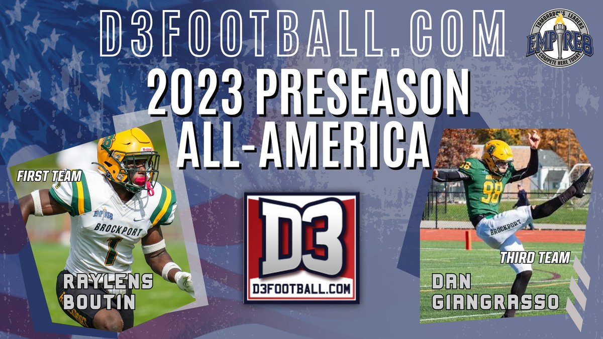 NEWS - Senior defensive back Raylens Boutin and junior punter Dan Giangrasso of <a href="/BportAthletics/">Brockport Athletics</a> were named 2023 D3football.com Preseason All-Americans. buff.ly/3Yqe6h2 @Bport_Football 

#E8 #E8Proud #LeadersCompeteHere #WhyD3