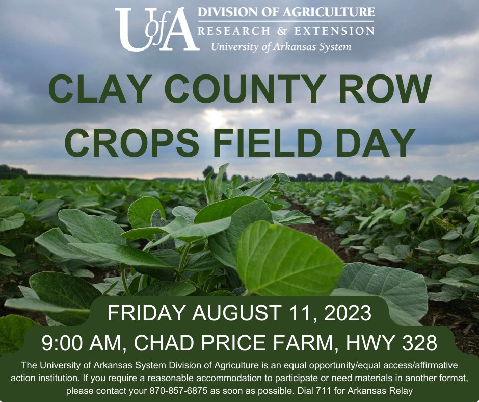 Stewart Runsick (@stewartrunsick) on Twitter photo FRIDAY! The 2023 Clay County Field Day covering #rice and #soybeans and #corn No cost to attend and lunch provided. Speakers include <a href="/JHardke/">Jarrod Hardke</a> <a href="/arksoydoc/">Jeremy Ross</a> <a href="/AR_Feedgrains/">Jason Kelley</a> FRIDAY! The 2023 Clay County Field Day covering #rice and #soybeans and #corn No cost to attend and lunch provided. Speakers include <a href="/JHardke/">Jarrod Hardke</a> <a href="/arksoydoc/">Jeremy Ross</a> <a href="/AR_Feedgrains/">Jason Kelley</a>