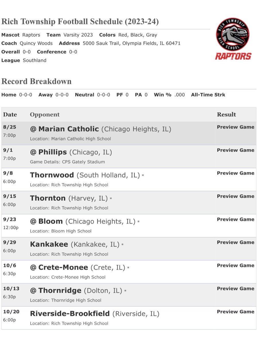 2023 Raptors Football Schedule