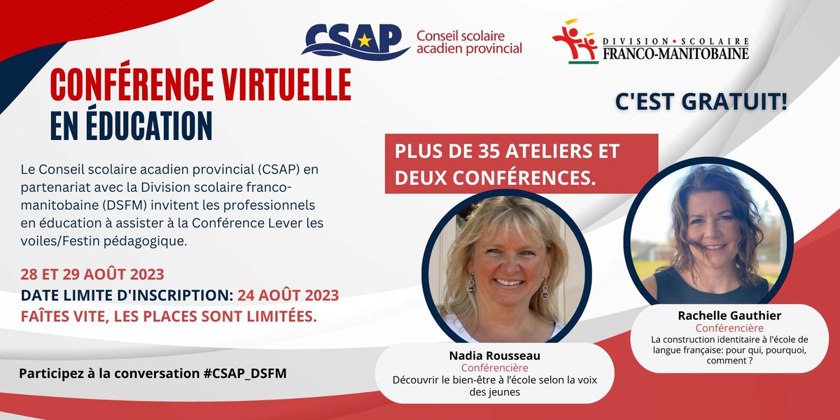 Le CSAP et DSFM sont heureux de vous présenter la 3e conférence estivale: Lever les voiles : bien-être des apprenants, une vision holistique.
 
Inscriptions et horaire : eventbrite.ca/e/billets-leve…
 
Date limite d'inscription : 24 août 2023