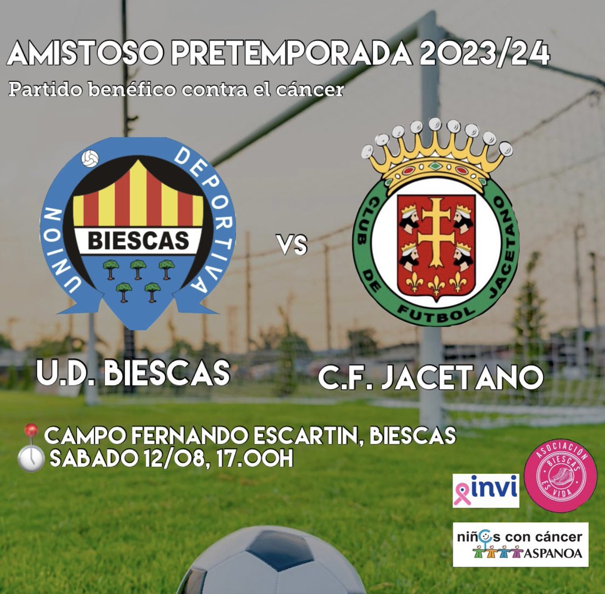 ¡Partido benéfico contra el cáncer! 🤜⚽️

El C.F. Jacetano jugará el segundo partido de la pretemporada contra la U.D. Biescas, en el Campo Municipal Fernando Escartin, a las 17.00h.

Os esperamos a todos para colaborar con las asociaciones Biescas es Vida, INVI y ASPANOA! ✨