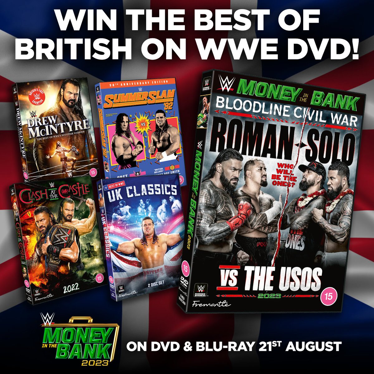 FOLLOW & RT for a chance to #WIN a best of British WWE DVD #prize bundle – including the all-new Money in the Bank 2023, direct from the O2 in London! #Competition ends 14th August 🇬🇧