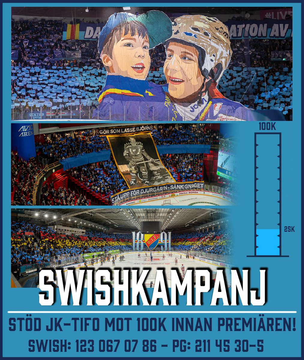 JK-tifo har storslagna planer inför hockeysäsongen, men om allt ska bli som de vill behövs det mer ekonomiskt stöd! 25 000 är insamlat senaste veckorna men minst 75 000 till krävs innan premiären den 22 september för nya magiska tifon!

Swish: 123 067 07 86
PG: 211 45 30-5