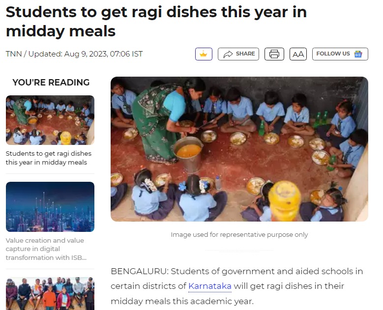 SadhguruJV's tweet photo. Introducing the staple food of the region into midday meals is a wonderful way to address malnutrition in children & strengthen their immunity . Millets are a rich source of essential minerals & vitamins- nutrients most needed for optimal physical and mental development. Including jowar & ragi in midday meals is also among the best ways to incentivize farmers to cultivate millets & diversify their crop. Congratulations to the Dept. of School Education & Literacy, Govt. of Karnataka, on this welcome step. Best Wishes. -Sg
@CMofKarnataka 
https://t.co/R5IgifbSzC