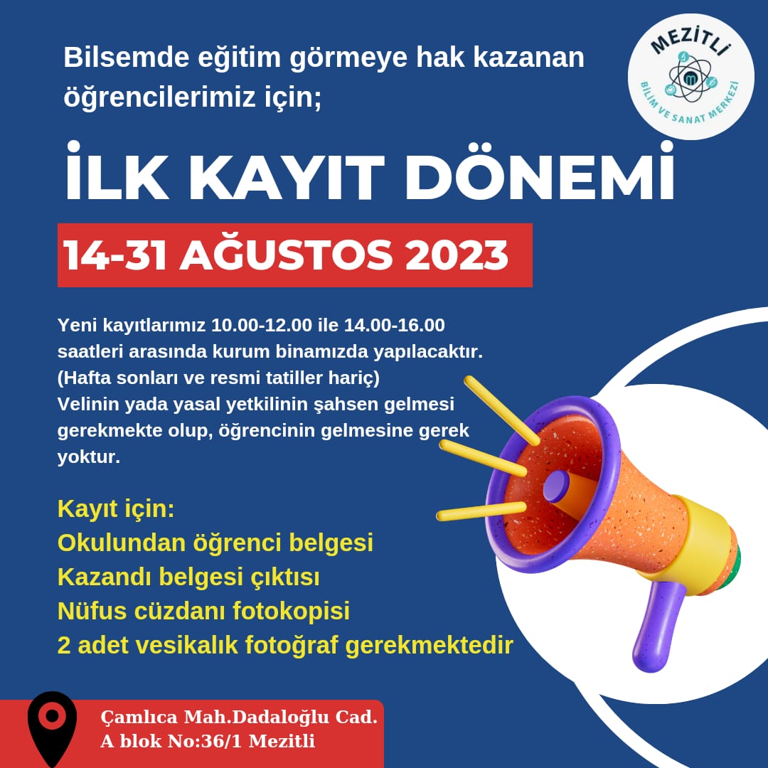 Mezitli Bilim ve Sanat Merkezi (@mezitlibilsem) on Twitter photo İlk kayıt dönemi 14-31 Ağustos 2023 tarihleri arasındadır.
<a href="/tcmeb/">Millî Eğitim Bakanlığı</a>
<a href="/MersinMEM/">Mersin İl Millî Eğitim Müdürlüğü</a>
<a href="/MezitliMEM/">Mezitli MEM 🇹🇷</a>
<a href="/MezitliBilsem/">Mezitli Bilim ve Sanat Merkezi</a> İlk kayıt dönemi 14-31 Ağustos 2023 tarihleri arasındadır.
<a href="/tcmeb/">Millî Eğitim Bakanlığı</a>
<a href="/MersinMEM/">Mersin İl Millî Eğitim Müdürlüğü</a>
<a href="/MezitliMEM/">Mezitli MEM 🇹🇷</a>
<a href="/MezitliBilsem/">Mezitli Bilim ve Sanat Merkezi</a>