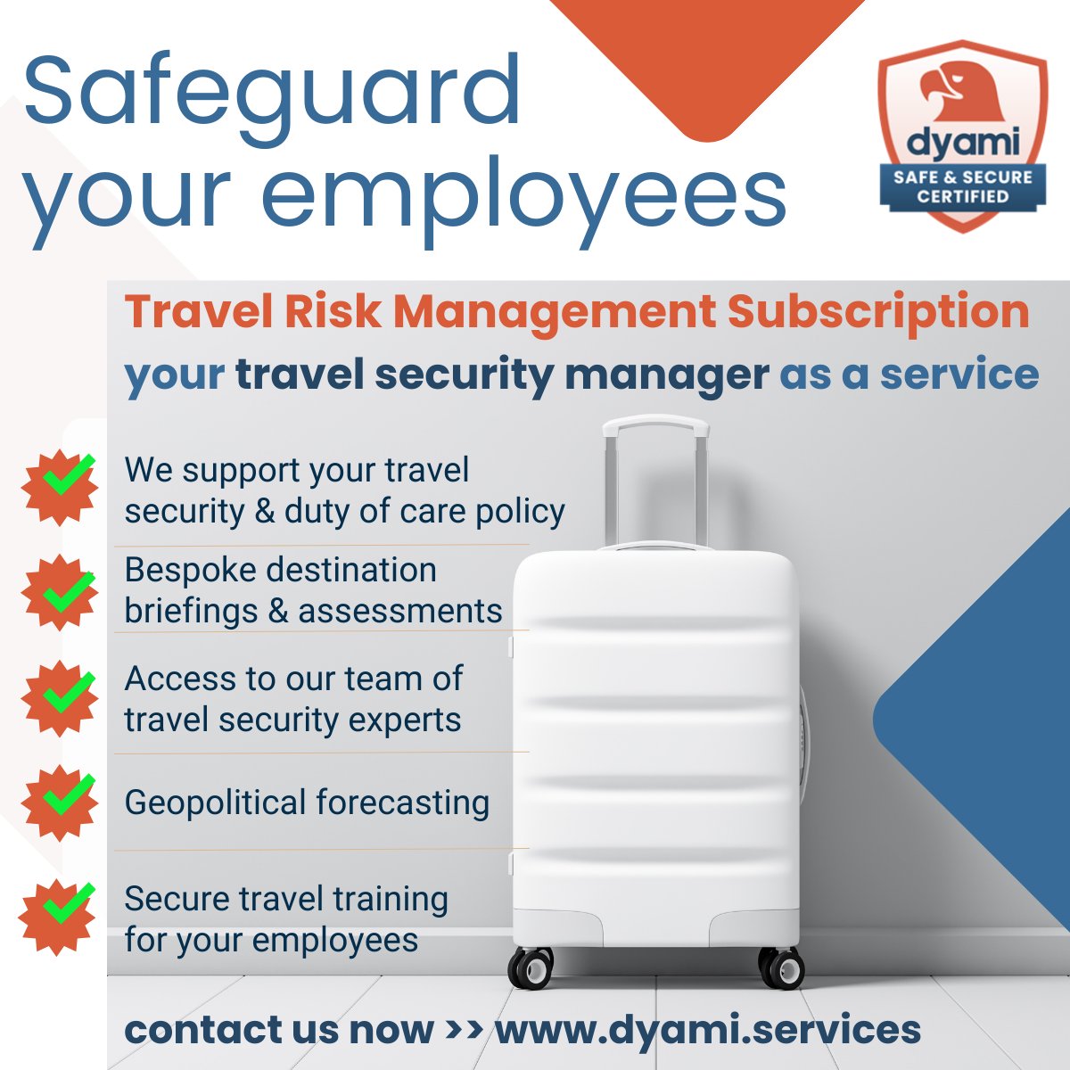 Safeguard your business travelers. Clients who choose the dyami travel risk management solution receive comprehensive access to our security and analyst specialists like we are part of your team.

#travelsecurity #employeesafety #espionage #dutyofcare #dyami
