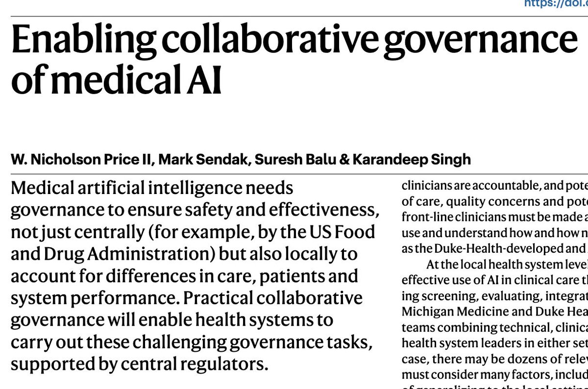 Nicholson Price (@nicholson@mastodon.lawprofs.org) (@wnicholsonprice) on Twitter photo How can we enable local health systems to collaboratively & effectively govern #medicalAI?
<a href="/kdpsinghlab/">Karandeep Singh</a>, S. Bali, M. Sendak & I argue (today in
<a href="/NatMachIntell/">Nature Machine Intelligence</a>) that a) it's tough; b) some tasks will be unavoidably local; & c) policy can help.
Enjoy! @ rdcu.be/diYpU How can we enable local health systems to collaboratively & effectively govern #medicalAI?
<a href="/kdpsinghlab/">Karandeep Singh</a>, S. Bali, M. Sendak & I argue (today in
<a href="/NatMachIntell/">Nature Machine Intelligence</a>) that a) it's tough; b) some tasks will be unavoidably local; & c) policy can help.
Enjoy! @ rdcu.be/diYpU