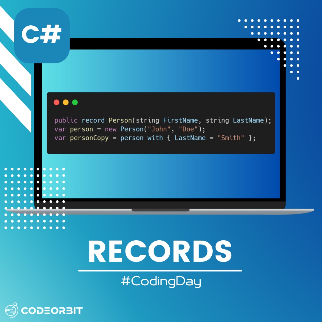 CodeOrbitAT's tweet image. Meet C# Records! 🎉 Create simple and efficient data objects with Records. Here's how you can use them to update properties and create copies effortlessly! #CodeOrbit #CodingDay #CSharp9 #Programming #dotnet