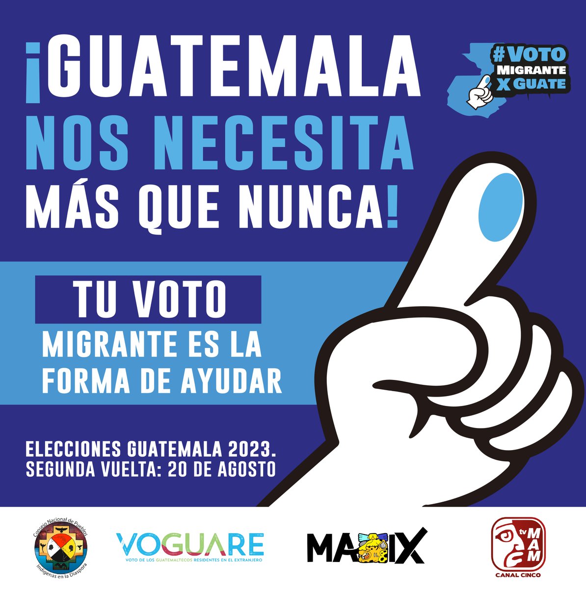 Tu #votomigrante 🇺🇸 es un puente de amor y esperanza para tu familia en Guatemala. 🇬🇹✨ Aunque estés lejos, tienes el poder de moldear el futuro de nuestra querida tierra natal.

La segunda vuelta electoral es el 20 de agosto. ¡Marca la diferencia! 💪🏽🗳️

🤝 Por una Guatemala
