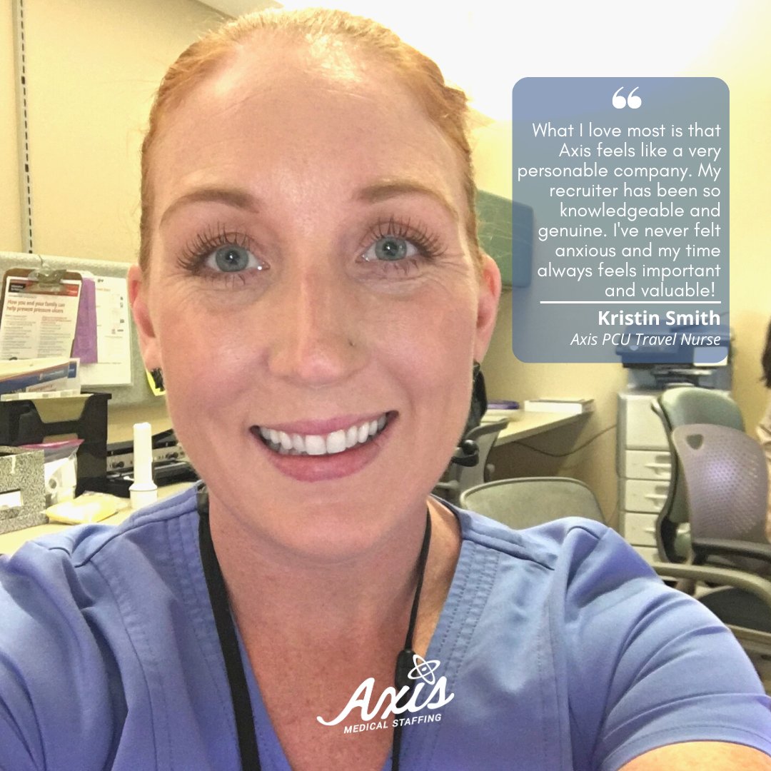 AxisMedStaffing's tweet image. Our goal is to make sure each one of our #AxisRockStars feels confident and valued. We promise to always prioritize you and your needs as a #TravelNurse ✈️🏥

🌟Thank you Kristin for sharing your 5-star Axis experience!