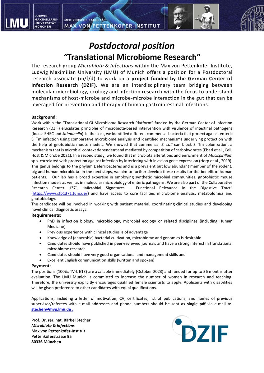 Are you looking for a postdoc-position in translational microbiome research? We are hiring - please apply - and spread the word! #postdoc #DZIF