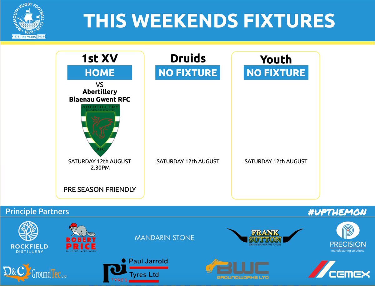 MonYoungRugby's tweet photo. πΊπ¦ Another preseason friendly for the 1st XV who are playing Abertillery Blaenau Gwent RFC at home this weekend! πΊπ¦
π
Saturday 12th August
π 2.30pm
π Home game
π€π» Friendly
#upthemon #grassrootsrugby #rugby #supporttheboys #rugbyfamily #150thyear https://t.co/NdjsLuSwnF