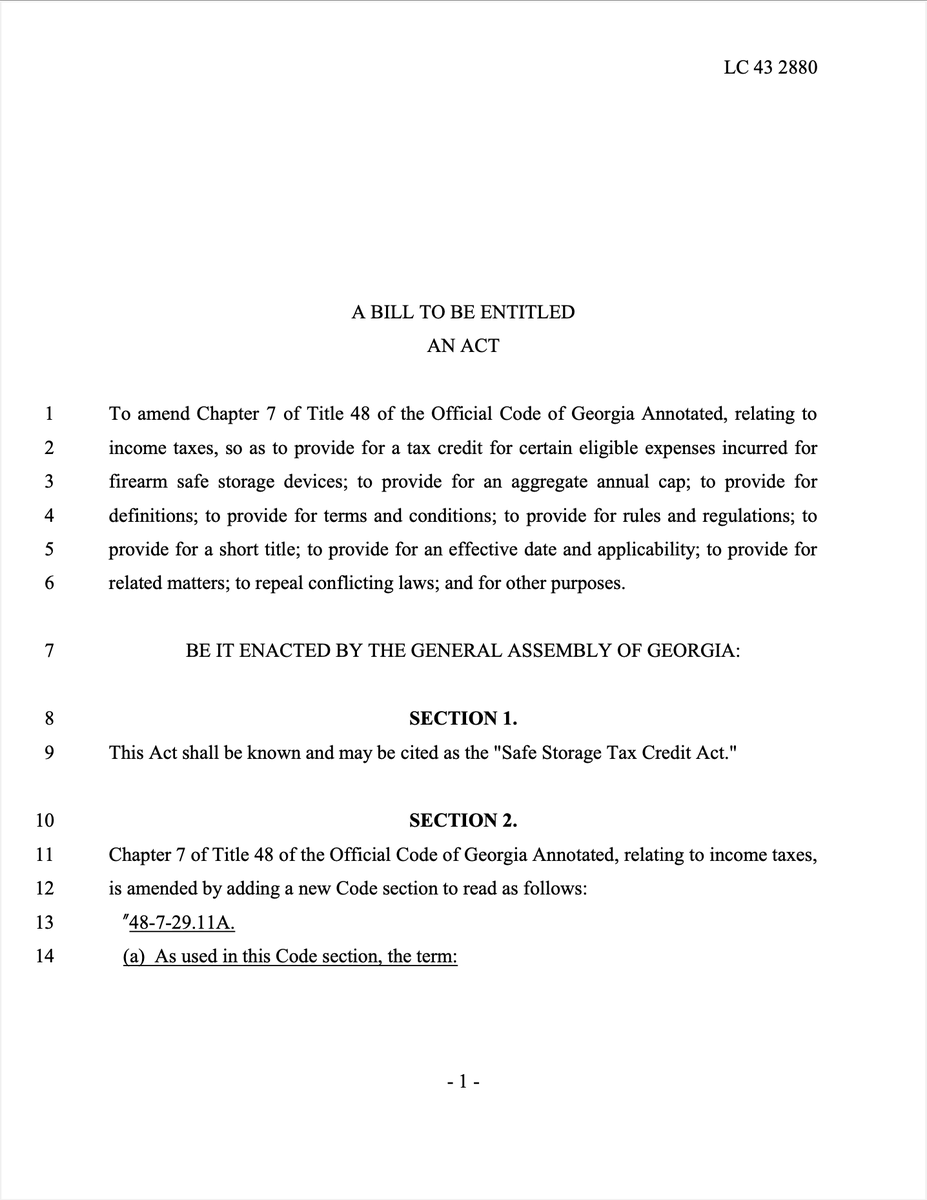 AuforGA's tweet photo. 🧵 Today let's talk about a piece of legislation I have drafted for the upcoming session, the Safe Storage Tax Credit Act.
Simply put, this bill would incentivize responsible firearm ownership by offering up to a $300 tax credit for the purchase of safe storage equipment.
(1/5) https://t.co/2HeTKrjWlu