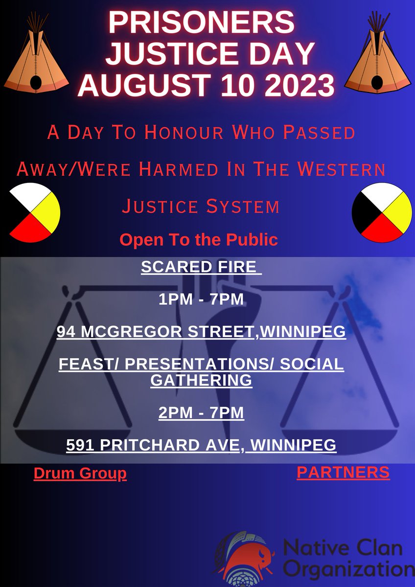 Prisoners Justice Day is tomorrow. It is a day to honor those who lost their lives to incarceration. A sacred fire is happening at Manitou House (94 McGregor St) between 1-7pm, and a feast at the Ukranian Labour temple (591 Pritchard Ave) between 5-7pm.