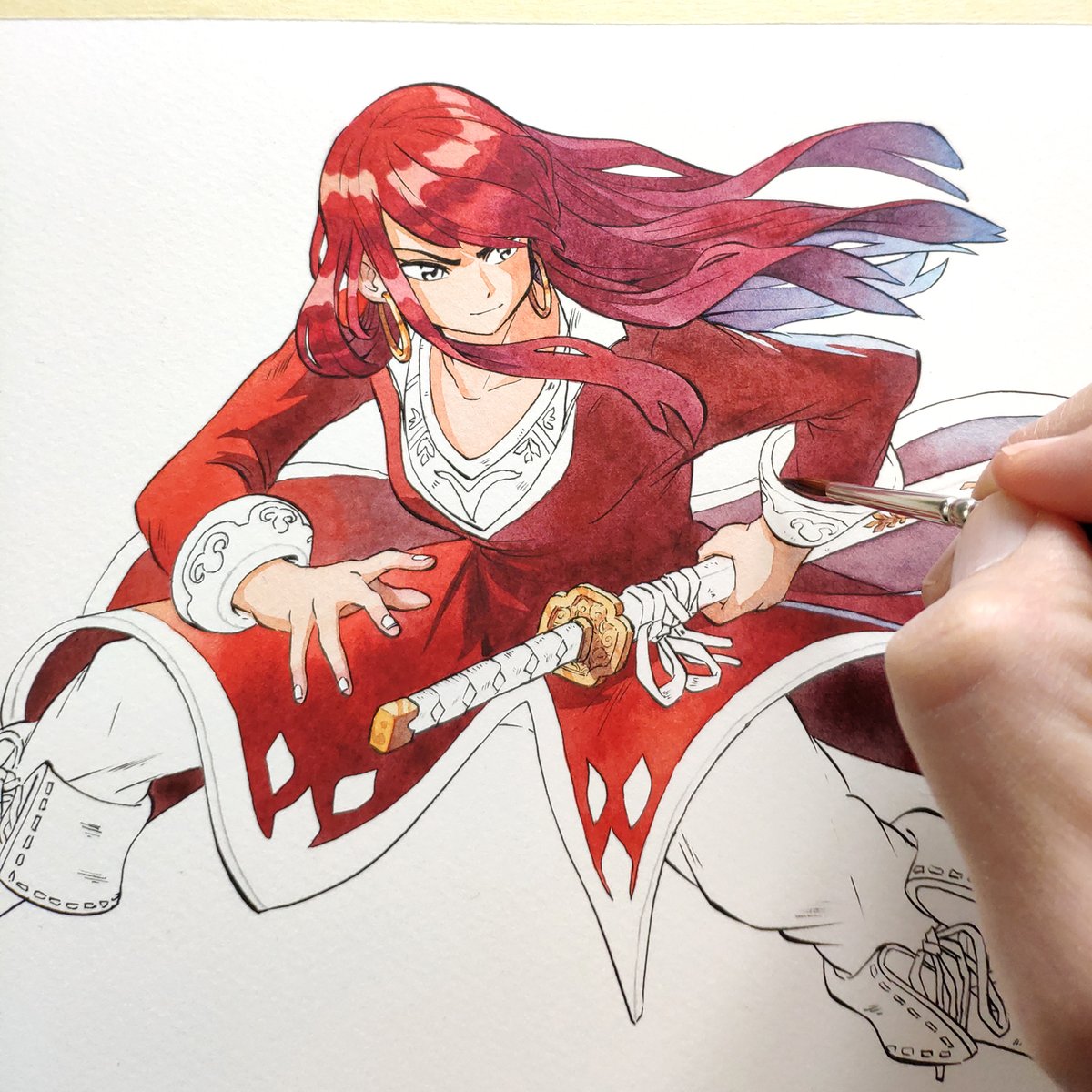 weapon jewelry earrings red hair long hair 1girl sword  illustration images