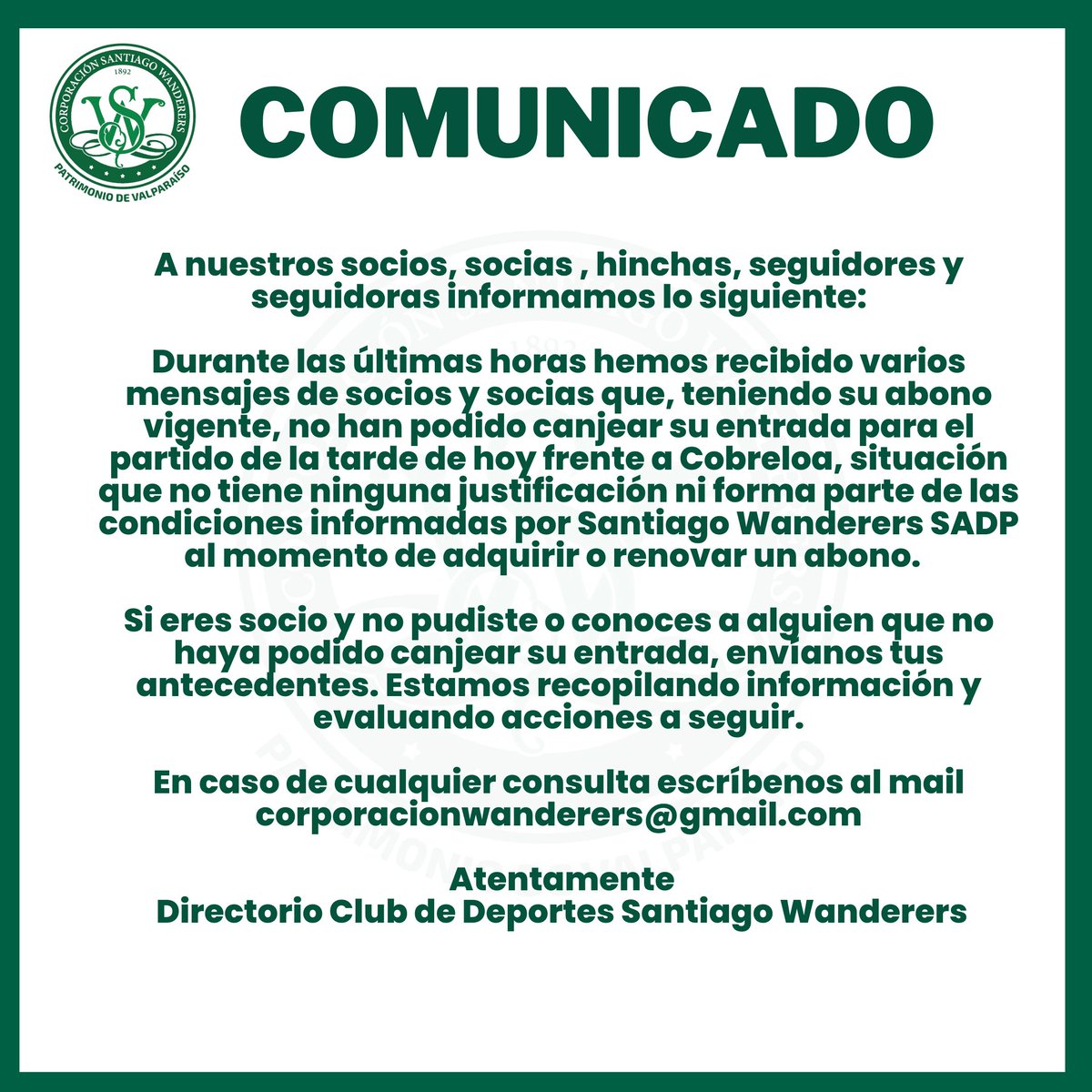 CorporacionSW's tweet photo. ni forma parte de las condiciones informadas por Santiago Wanderers SADP al momento de adquirir o renovar un abono. 

Si eres socio y no pudiste o conoces a alguien que no haya podido canjear su entrada, envíanos tus antecedentes acá:  https://t.co/CAS79BzOjn https://t.co/jTkpksf1uy