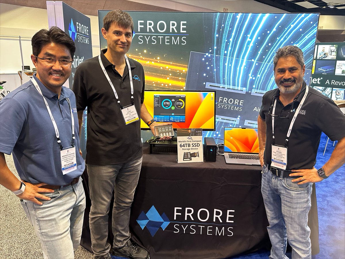FroreSystems's tweet photo. Bringing both storage size and speed, the first @OWC 64TB SSD storage device with #AirJet breaks records at #FMS23. Featuring eight 8TB blades of NVME M.2 Memory and RAID - high performance while staying cool, compact and silent. https://t.co/8j6SxdH3tS